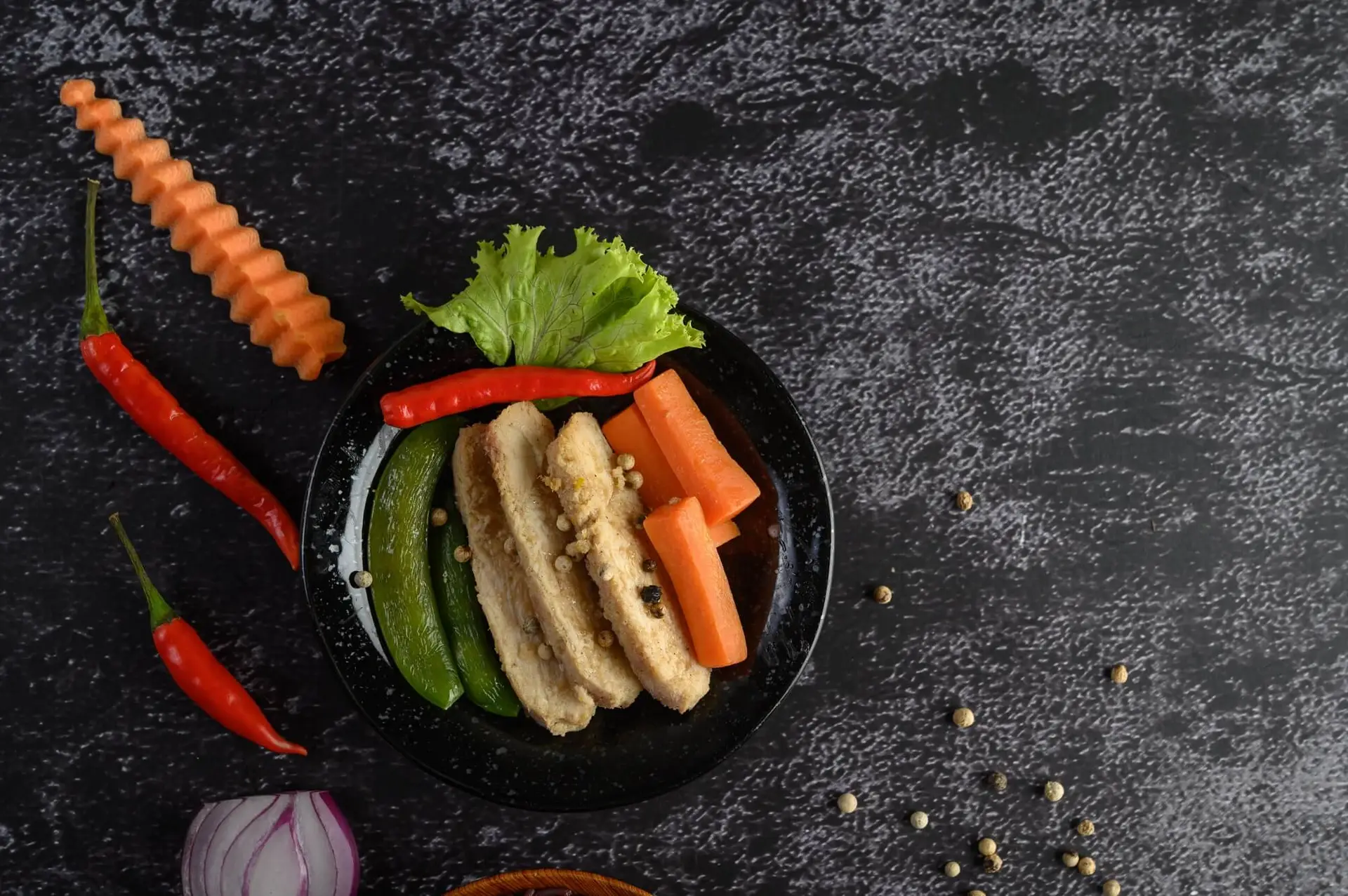 Illustrative chicken & fish menu-style photograph